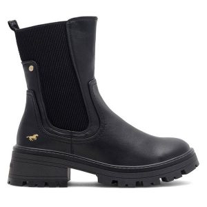 Botki Mustang. Czarne botki Mustang, bez wzorów, bez obcasa, na płaskiej podeszwie, bez zapięcia. Za 369,99 zł.