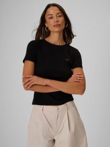4F T-shirt slim prążkowany damski - czarny XL. Czarne t-shirty 4f, xl, bez wzorów, z dzianiny, bez kołnierzyka, bez ramiączek. Za 49,99 zł.