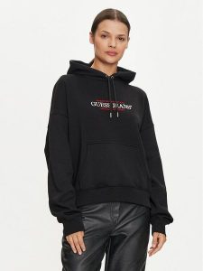 Guess Jeans Bluza W4YQ15 KC811 Czarny Regular Fit. Czarne bluzy Guess Jeans, l, z aplikacjami, z bawełny, bez kaptura. Za 219,99 zł.