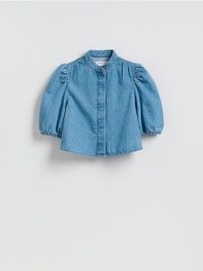 Jeansowa koszula z bufiastymi rękawami - niebieski. Niebieskie koszule Reserved, l, bez wzorów, z bawełny, bez kołnierzyka, bez ramiączek. Za 119,99 zł.