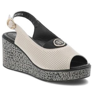 Sandały damskie S.Barski, cholewka ze skóry naturalnej licowej z perforacją z regulacją na metalową klamrę, beżowe, LR61-7010. Brązowe sandały S.BARSKI, w ażurowe wzory, ze skóry, bez obcasa, na koturnie, bez zapięcia. Za 189,00 zł.