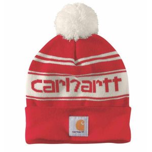 Czapka zimowa z pomponem Carhartt Knit Pom-Pom Cuffed Logo Beanie. Czerwone czapki CARHARTT, bez wzorów, sportowe. Za 106,00 zł.