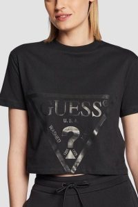GUESS Czarny bawełniany t-shirt damski Adele Crop, Rozmiar S. Czarne t-shirty Guess, s, z aplikacjami, z bawełny, bez kołnierzyka, bez ramiączek. Za 189,99 zł.