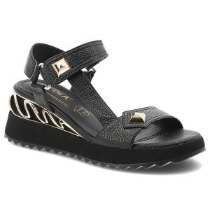 Sandały damskie S.Barski, ze skóry naturalnej na grubej platformie z ozdobnymi złotymi detalami, czarne, CR61-3070. Czarne sandały S.BARSKI, bez wzorów, ze skóry, bez obcasa, na koturnie, bez zapięcia. Za 289,00 zł.