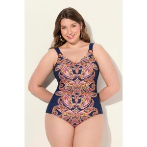 Damski Kostium kąpielowy wzór paisley miękkie miseczki z recyklingu. Niebieskie stroje jednoczęściowe Ulla Popken, bez wzorów, z elastanu. W wyprzedaży za 179,99 zł.