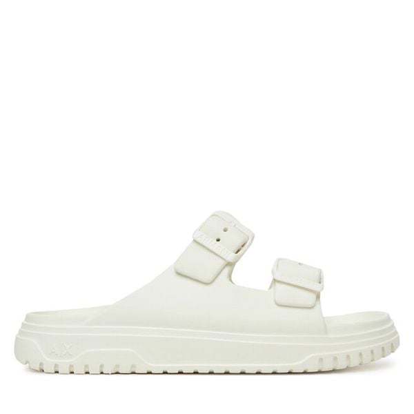 Klapki Armani Exchange. Białe klapki Armani Exchange, bez wzorów, bez obcasa. Za 209,99 zł.