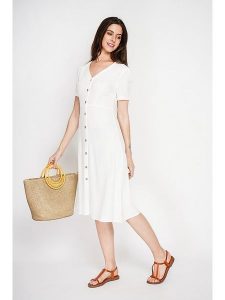 Le Jardin du Lin Lniana sukienka w kolorze białym rozmiar: 36. Białe sukienki Le jardin du lin, bez wzorów, ze lnu, bez kołnierzyka, bez ramiączek, midi. Za 152,99 zł.