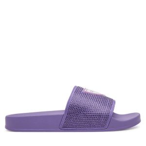 Klapki Guess. Fioletowe klapki Guess, z aplikacjami, bez obcasa. Za 129,99 zł.