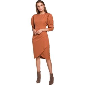 Wizytowa Sukienka z Ozdobnymi Rękawami - Ruda. Brązowe sukienki MOE, l, bez wzorów, z elastanu, wizytowe, bez kołnierzyka, bez ramiączek. Za 298,90 zł.