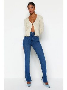 Trendyol Dżinsy - Slim fit - w kolorze niebieskim rozmiar: 40. Niebieskie jeansy Trendyol, bez wzorów, z podwyższonym stanem. Za 175,67 zł.