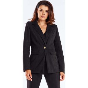 Elegancki Żakiet Zapinany na Złoty Guzik - Czarny. Czarne marynarki i żakiety Awama, l, bez wzorów, z elastanu, eleganckie. Za 269,90 zł.