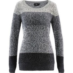 Sweter w szerokie pasy. Szare swetry klasyczne bonprix, bez kołnierzyka. Za 114,99 zł.