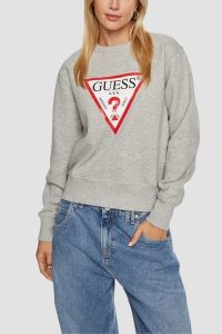 GUESS Szara damska bluza z logo Original Fleece, Rozmiar L. Szare bluzy Guess, l, z aplikacjami, z materiału, bez kaptura. W wyprzedaży za 319,99 zł.