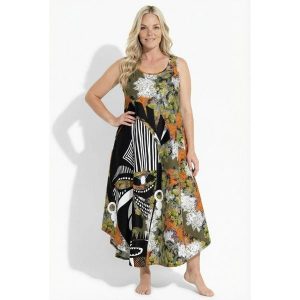 Damskie Sukienka midi maska krój trapezowy okrągły dekolt bez rękawów. Czarne sukienki Ulla Popken, plus size, bez wzorów, z materiału, sportowe, bez kołnierzyka, plus size, bez ramiączek, midi, sportowe. Za 279,99 zł.