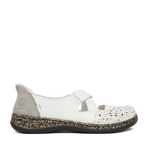 Półbuty Rieker. Białe półbuty Rieker, bez wzorów, bez obcasa, na płaskiej podeszwie, bez zapięcia. Za 359,99 zł.