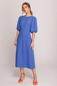 Elegancka sukienka koktajlowa bufiaste rękawy niebieska. Niebieskie sukienki Stylove, na imprezę, l, bez wzorów, z elastanu, eleganckie, bez kołnierzyka, bez ramiączek, midi, dopasowane. Za 509,00 zł.