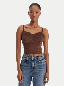 Guess Top W6RH03 WJ472 Brązowy Slim Fit. Brązowe topy Guess, s, z aplikacjami, z syntetyku, bez kołnierzyka, bez ramiączek. Za 183,99 zł.