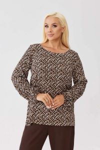 Wiskozowa bluzka Amira Mosaic z geometrycznym wzorem i wiązaniem na plecach PLUS SIZE XXL OVERSIZE JESIEŃ. Bluzki Moda Size Plus Iwanek, plus size, bez wzorów, z tkaniny, biznesowe, bez kołnierzyka, plus size, bez ramiączek. Za 199,90 zł.