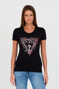 GUESS Czarny t-shirt z logo. Czarne t-shirty Guess, s, z aplikacjami, z bawełny, bez kołnierzyka, bez ramiączek. W wyprzedaży za 184,99 zł.