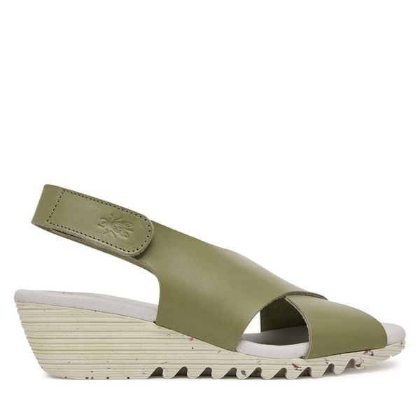 Sandały Fly London. Zielone sandały Fly London, bez wzorów, bez obcasa, na koturnie, bez zapięcia. Za 420,99 zł.