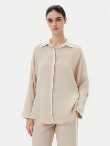 ICONA Koszula RP5LE003 Beżowy Relaxed Fit. Brązowe koszule ICONA, bez wzorów, ze lnu, bez kołnierzyka, bez ramiączek. Za 459,99 zł.