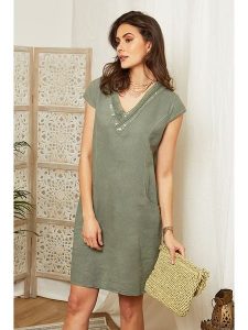 Lin Passion Lniana sukienka w kolorze khaki rozmiar: 38/40. Brązowe sukienki Lin Passion, na co dzień, bez wzorów, z koronki, klasyczne, bez kołnierzyka, bez ramiączek, mini, proste. Za 140,86 zł.