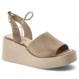 Sandały damskie Chebello, cholewka ze skóry naturalnej typu zamszowego miękka komfortowa wkładka minimalistyczny fason styl elegancki i nowoczesny, b. Brązowe sandały CheBello, bez wzorów, ze skóry, bez obcasa, na koturnie, bez zapięcia. Za 509,00 zł.