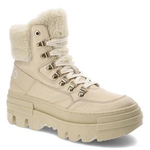 Botki damskie CheBello, ze skóry naturalnej licowej z wysoką cholewką klasycznym sznurowaniem na metalowych hakach, beżowe, 2970-403-MIC-S236. Brązowe botki CheBello, na zimę, bez wzorów, ze skóry, przed kolano, bez obcasa, na płaskiej podeszwie, bez zapięcia. Za 450,99 zł.