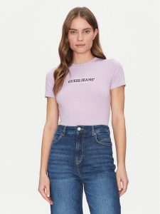 Guess Jeans T-Shirt W4YI03 J1314 Fioletowy Slim Fit. Fioletowe t-shirty Guess Jeans, m, z aplikacjami, z bawełny, bez kołnierzyka, bez ramiączek. Za 89,99 zł.
