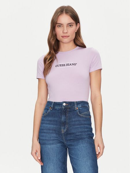 Guess Jeans T-Shirt W4YI03 J1314 Fioletowy Slim Fit. Fioletowe t-shirty Guess Jeans, m, z aplikacjami, z bawełny, bez kołnierzyka, bez ramiączek. Za 79,99 zł.