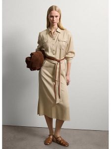 STEFANEL Sukienka w kolorze beżowym rozmiar: L. Brązowe sukienki Stefanel, na co dzień, l, bez wzorów, z tkaniny, bez kołnierzyka, bez ramiączek, midi, proste. Za 304,99 zł.