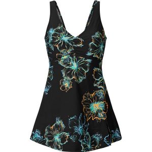 Sukienka kąpielowa shape z dekoltem w serek, średni stopień modelowania sylwetki. Niebieskie sukienki bonprix, na plażę, bez wzorów, eleganckie, bez kołnierzyka, bez ramiączek. Za 137,99 zł.