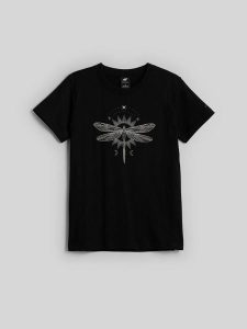4F T-shirt regular z nadrukiem damski - czarny L. Czarne t-shirty 4f, l, bez wzorów, z bawełny, bez kołnierzyka, bez ramiączek. Za 59,99 zł.