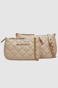 VALENTINO Podwójna beżowa torebka Ocarina Crossbody. Brązowe torebki klasyczne Valentino by Mario Valentino, bez wzorów, małe, bez dodatków. W wyprzedaży za 399,99 zł.