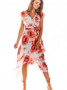 Sukienka Model A308 Red Flowers - awama. Czerwone sukienki Awama, xxl, bez wzorów, z szyfonu, eleganckie, z asymetrycznym kołnierzem, bez ramiączek, asymetryczne. Za 396,72 zł.