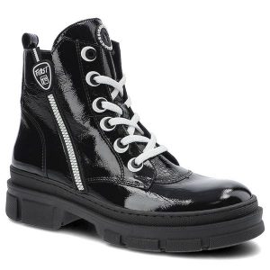 Botki damskie Nessi, naturalna skóra licowa z lakierowanym wykończeniem sznurowaną cholewką bocznym zamkiem i masywną podeszwą, czarne, 21108. Czarne botki Nessi, na zimę, bez wzorów, ze skóry, bez obcasa, bez zapięcia. Za 309,00 zł.