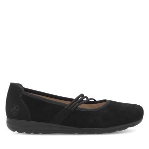 Półbuty Rieker. Czarne półbuty Rieker, bez wzorów, bez obcasa, na płaskiej podeszwie, bez zapięcia. Za 309,99 zł.