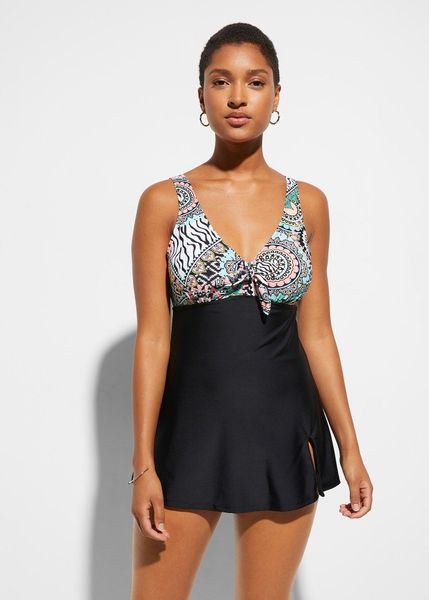 Sukienka kąpielowa z ozdobną kokardką. Czarne sukienki bonprix, na plażę, bez wzorów, bez kołnierzyka, bez ramiączek. Za 132,99 zł.