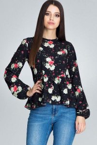 Wzorzysta Bluzka z Podwójną Falbanką - Wzór 75. Brązowe bluzki Figl, l, bez wzorów, z elastanu, bez kołnierzyka, bez ramiączek. Za 189,00 zł.
