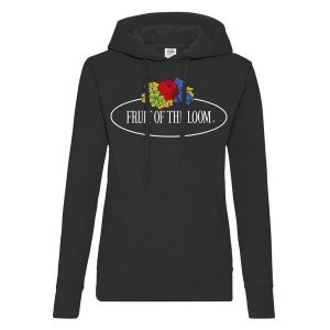 Damska Bluza Z Kapturem Z Nadrukiem Logo W Stylu Vintage. Czarne bluzy FRUIT OF THE LOOM, xl, bez wzorów, z kapturem. Za 97,99 zł.