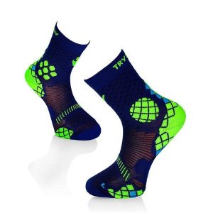 Niebiesko-żółte skarpetki kompresyjne do biegania. Niebieskie skarpetki TRY TO FLY, bez wzorów. W wyprzedaży za 67,34 zł.