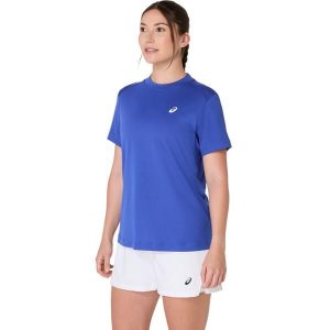 Koszulka damska Asics. Niebieskie bluzki ASICS, bez wzorów, sportowe, bez kołnierzyka, bez ramiączek. Za 189,50 zł.