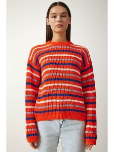 Happiness Istanbul Sweter w kolorze granatowo-kremowo-pomarańczowym rozmiar: onesize. Białe swetry oversize Happiness Istanbul, bez wzorów, ze splotem, bez ramiączek. Za 61,17 zł.