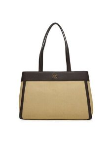 Calvin Klein Torebka Ck Canvas Medium Tote LV04F3503G Beżowy. Brązowe torebki klasyczne Calvin Klein, bez wzorów, z materiału, bez dodatków. Za 649,99 zł.