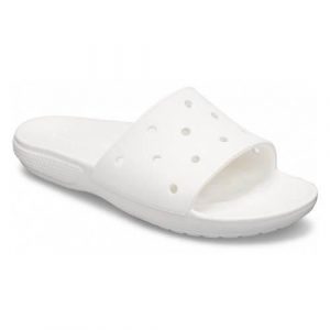 Klapki damskie Crocs Classic Slide. Białe klapki Crocs, bez wzorów, z syntetyku, bez obcasa. W wyprzedaży za 109,00 zł.