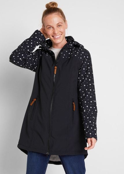 Parka funkcyjna softshell na podszewce z miękkiego polaru. Czarne kurtki bonprix, bez wzorów, z polaru, z kapturem. Za 309,99 zł.