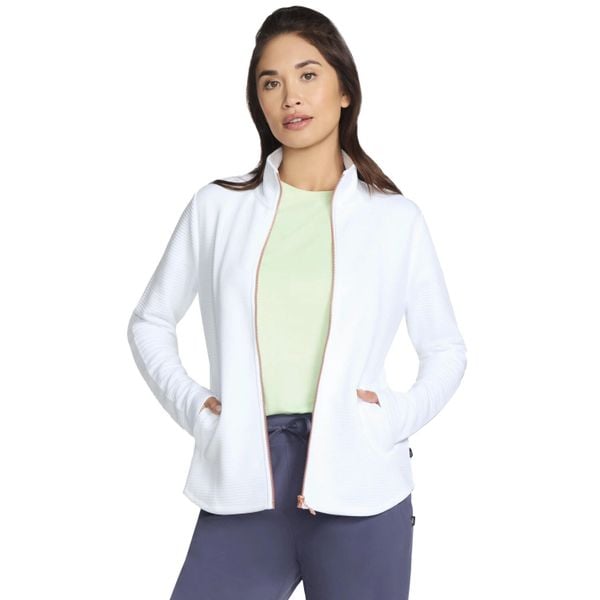 Bluza dresowa sportowa damska The Hoodless Hoodie GoWalk Shine Jacket. Białe bluzy Skechers, bez wzorów, z dresówki, bez kaptura. Za 249,99 zł.