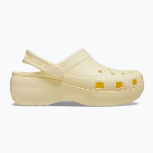 Klapki damskie Crocs Classic Platform Clog. Żółte klapki Crocs, bez wzorów, bez obcasa. Za 219,99 zł.