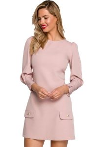 Elegancka sukienka trapezowa z bufiastymi rękawami krótka pudrowy róż. Czerwone sukienki Makover, na imprezę, s, bez wzorów, eleganckie, bez kołnierzyka, bez ramiączek, mini, trapezowe. Za 259,00 zł.