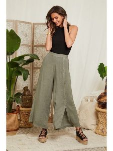 Lin Passion Lniane spodnie w kolorze khaki rozmiar: 38/40. Brązowe spodnie z wysokim stanem Lin Passion, bez wzorów, ze lnu, z podwyższonym stanem. Za 78,99 zł.